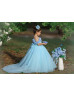 Short Sleeves Blue 3D Flowers Tulle Feather Sweet Flower Girl Dress